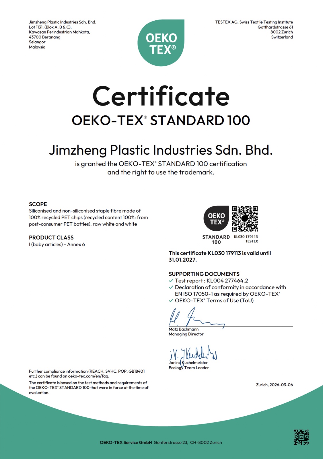 OEKO-TEX Standard 100 Certificate, TESTEX, Jimzheng Plastic Industries Sdn Bhd